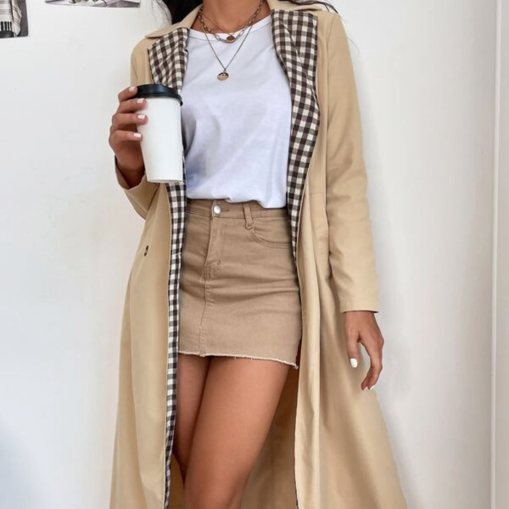 Gingham Lapel Collar Belted Trench Coat - Picture 6 of 7